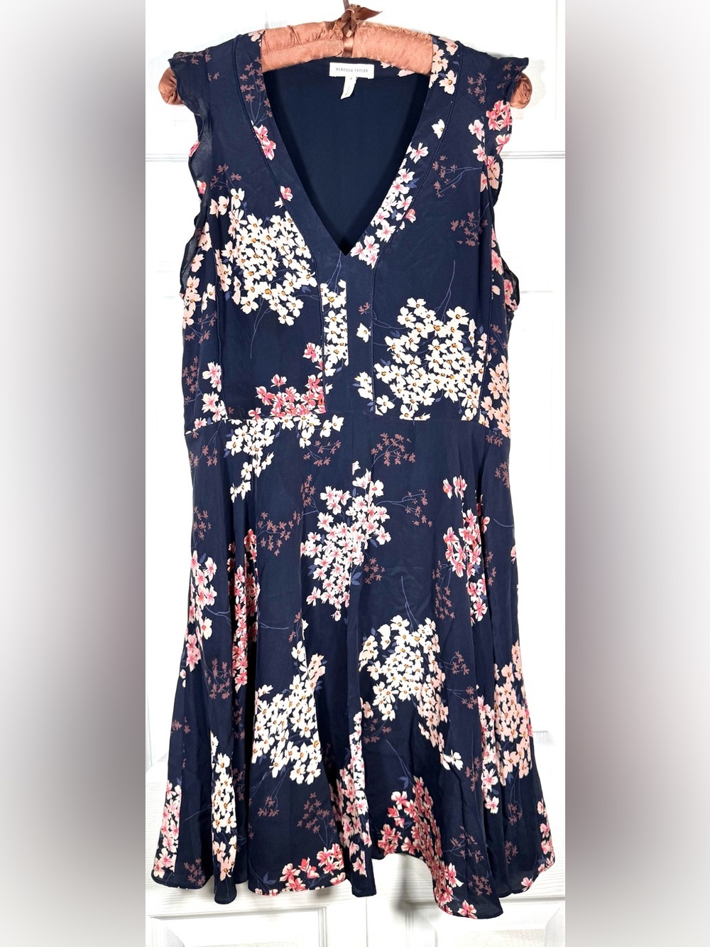 Rebecca Taylor Navy & Light Pink Floral Silk A-Line Dress Sz 6 EUC